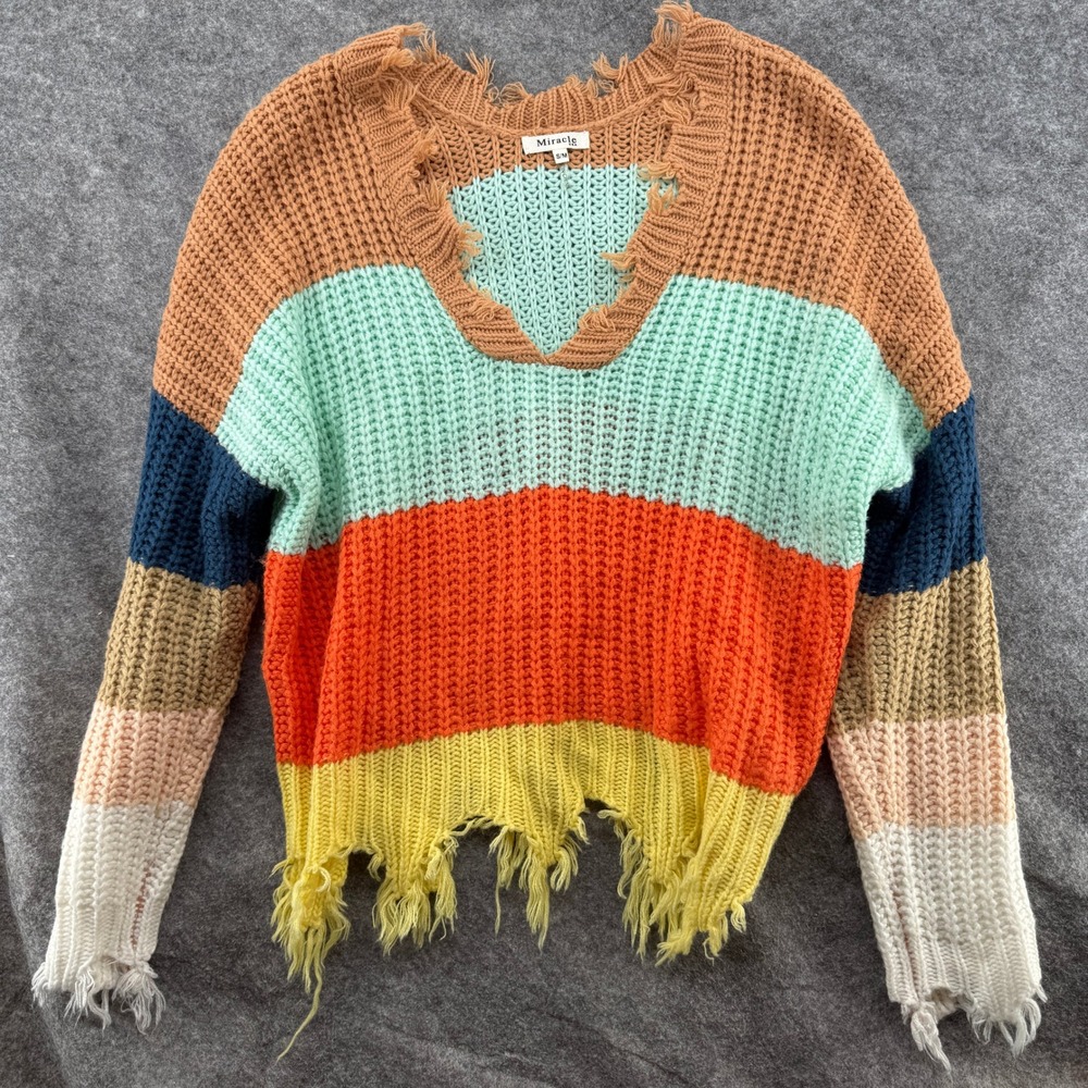 Miracle USA Sweater Womens S/M Multi Color Distressed Striped V-Neck Knit